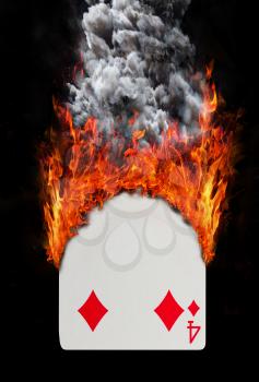 Playing card with fire and smoke, isolated on white - Four of diamonds