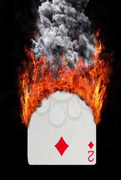Playing card with fire and smoke, isolated on white - Two of diamonds