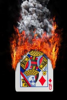 Playing card with fire and smoke, isolated on white - Queen of diamonds