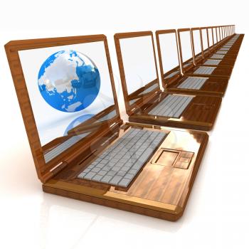 Computer Network Online concept with Eco Wooden  Laptop and Earth on white background 