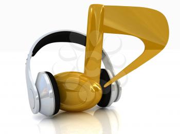 headphones and 3d note on a white background