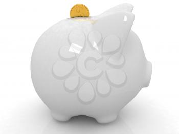 glass piggy bank and falling coins on white background