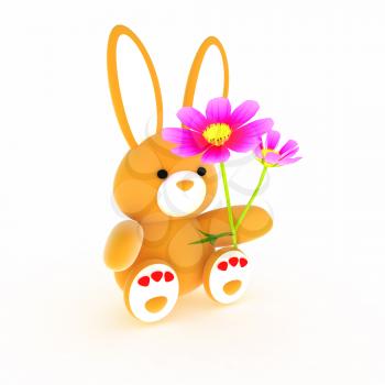 soft toy hare with a little red hearts on white paws and cosmos flower on a white background