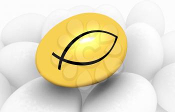 Gold egg among the usual with a symbol of Christianity ichthys(Jesus Christ is the Son of God Savior) on a white background