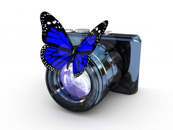 3d illustration of photographic camera and butterfly on white background