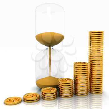 hourglass and coins on a white background