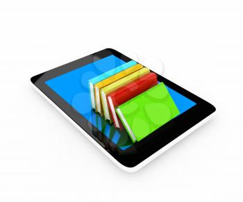 tablet pc and colorful real books on white background