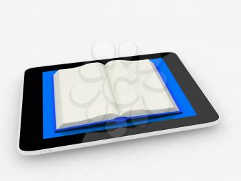 tablet pc and opened book on white background