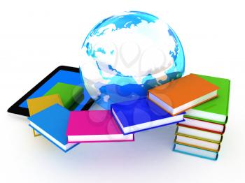 tablet pc and earth with colorful real books  on white background