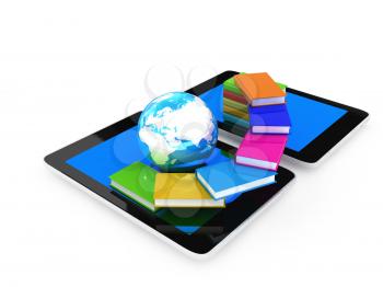tablet pc and earth with colorful real books  on white background