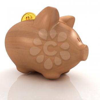Wooden piggy bank and falling coins