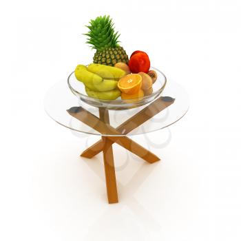 Citrus in a glass dish on exotic glass table with wooden legs on a white background