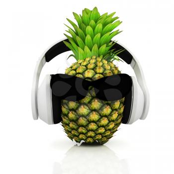 Pineapple with sun glass and headphones front face on a white background
