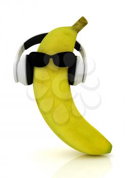 banana with sun glass and headphones front face on a white background