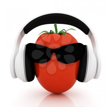 tomato with sun glass and headphones front face on a white background