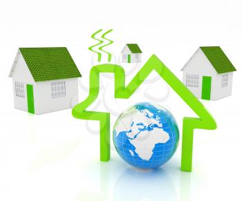 3d green house, earth and icon house on white background 