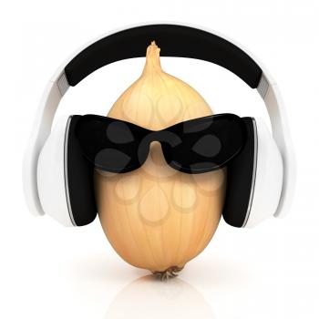 Ripe onion with sun glass and headphones front face on a white background