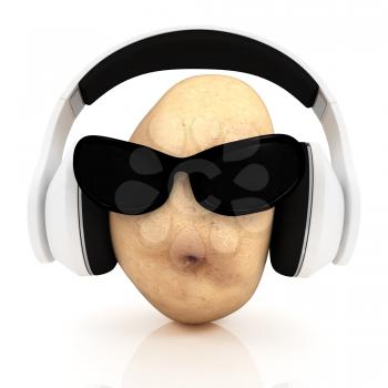 potato with sun glass and headphones front face on a white background