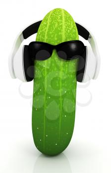 cucumber with sun glass and headphones front face on a white background