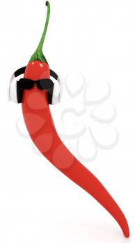 chili pepper with sun glass and headphones front face on a white background