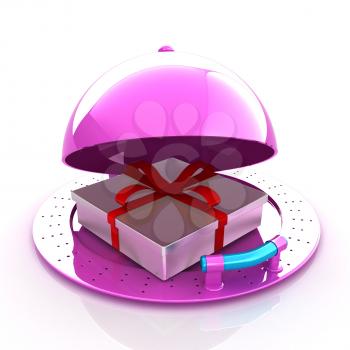 Illustration of a luxury gift on restaurant cloche on a white background 