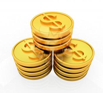 Gold dollar coins on a white background