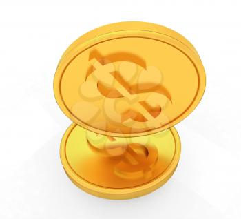 Gold dollar coins on a white background
