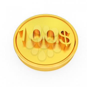Gold 100 dollar coin on a white background