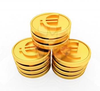 Gold euro coins on a white background