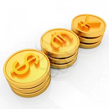 gold coins with 3 major currencies on a white background