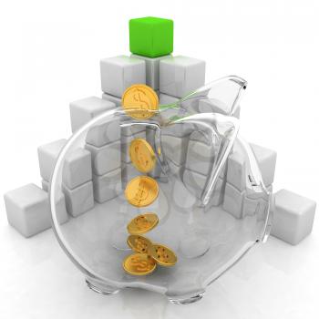 cubic diagram structure and piggy bank on a white background