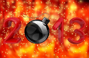Year 2013 with bomb burning a festive background