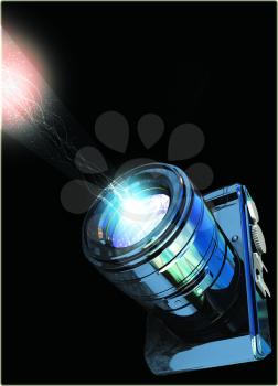 Photo camera with light flare special effect Isolated on a black background