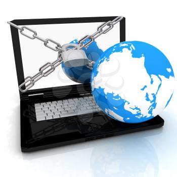 Laptop with lock, chain and earth on a white background