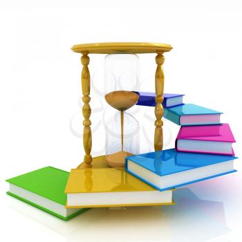 Hourglass and books on a white background