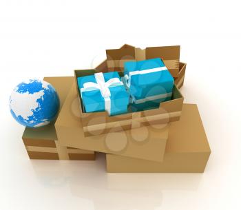 Cardboard boxes, gifts and earth on a white background