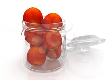 Jar with peaches on white background 