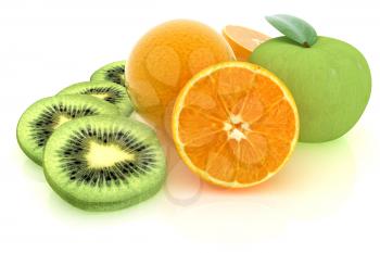 slices of kiwi, apple, orange and half orange on a white 