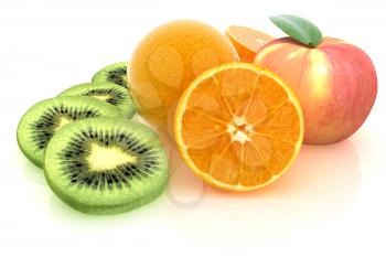 slices of kiwi, apple, orange and half orange on a white 