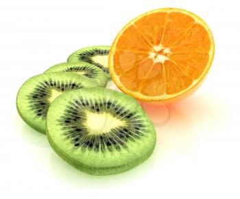 slices of kiwi and half orange on a white 