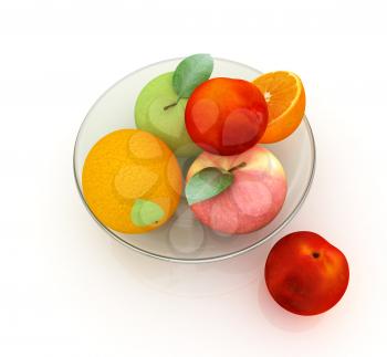 Citrus and apple on a plate on a white background