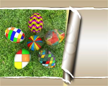 background of flower of easter eggs on the grass, with torn paper