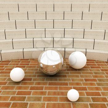 Abstract futuristic interior. Brick scene and tribune with chrome sphere and white balls 