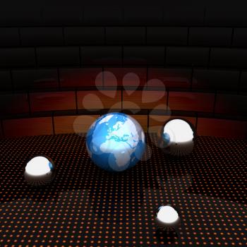 Earth and ball on light path to infinity. 3d render 