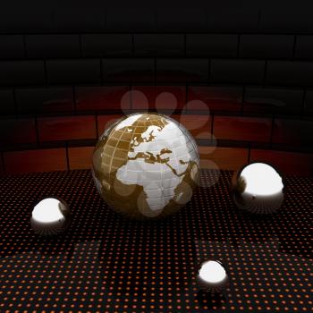 Earth and ball on light path to infinity. 3d render 