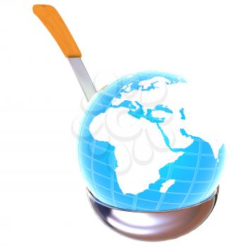 Blue earth on soup ladle on a white background