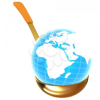 Blue earth on gold soup ladle on a white background