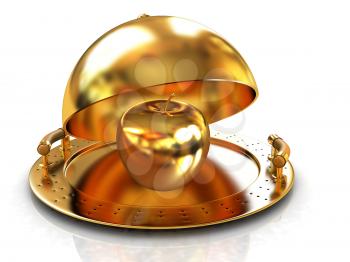 Golden Apple on glossy golden salver dish under a golden cover on a white background