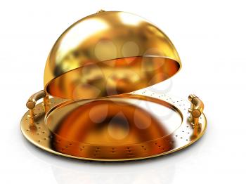 Glossy golden salver dish under a golden cover on a white background