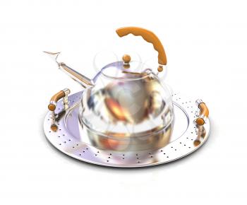 Chrome teapot on platter on a white background